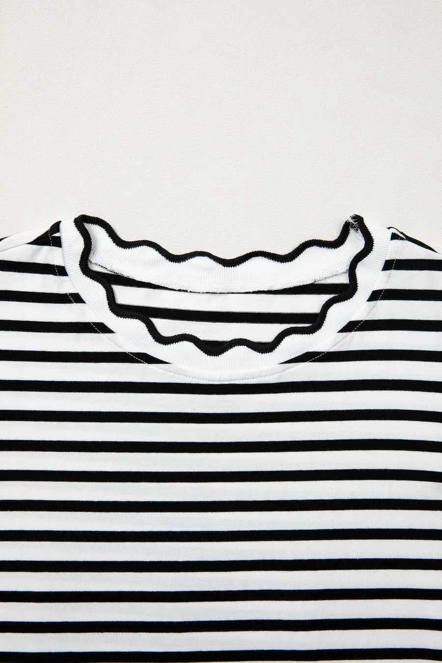 Scalloped Trim Stripe Cotton T-Shirt Round Neck Short Sleeve