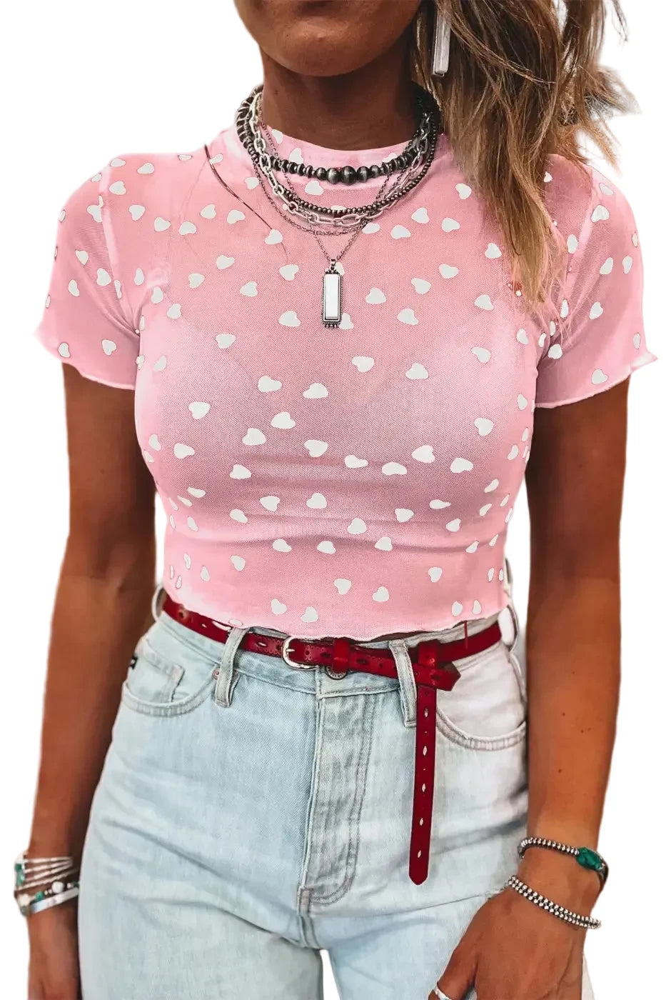 Women’s heart print mesh crop top | fashionfitz