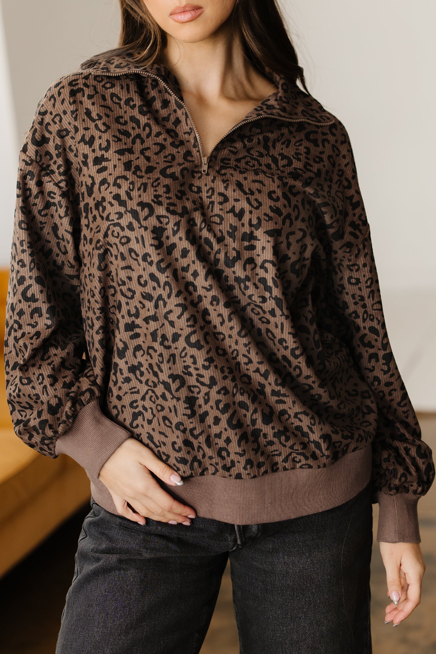 Brown Leopard Print Corduroy Half-Zip Jumper
