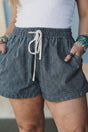 Stripe contrast drawstring elastic waist plus size denim shorts in blue — front view