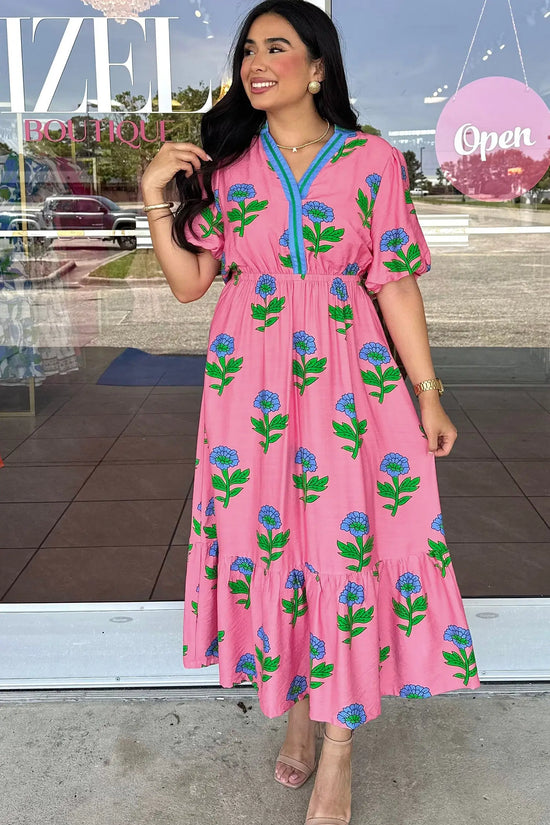 Plus size floral striped v-neck puff sleeve ruffle tiered maxi dress dresses