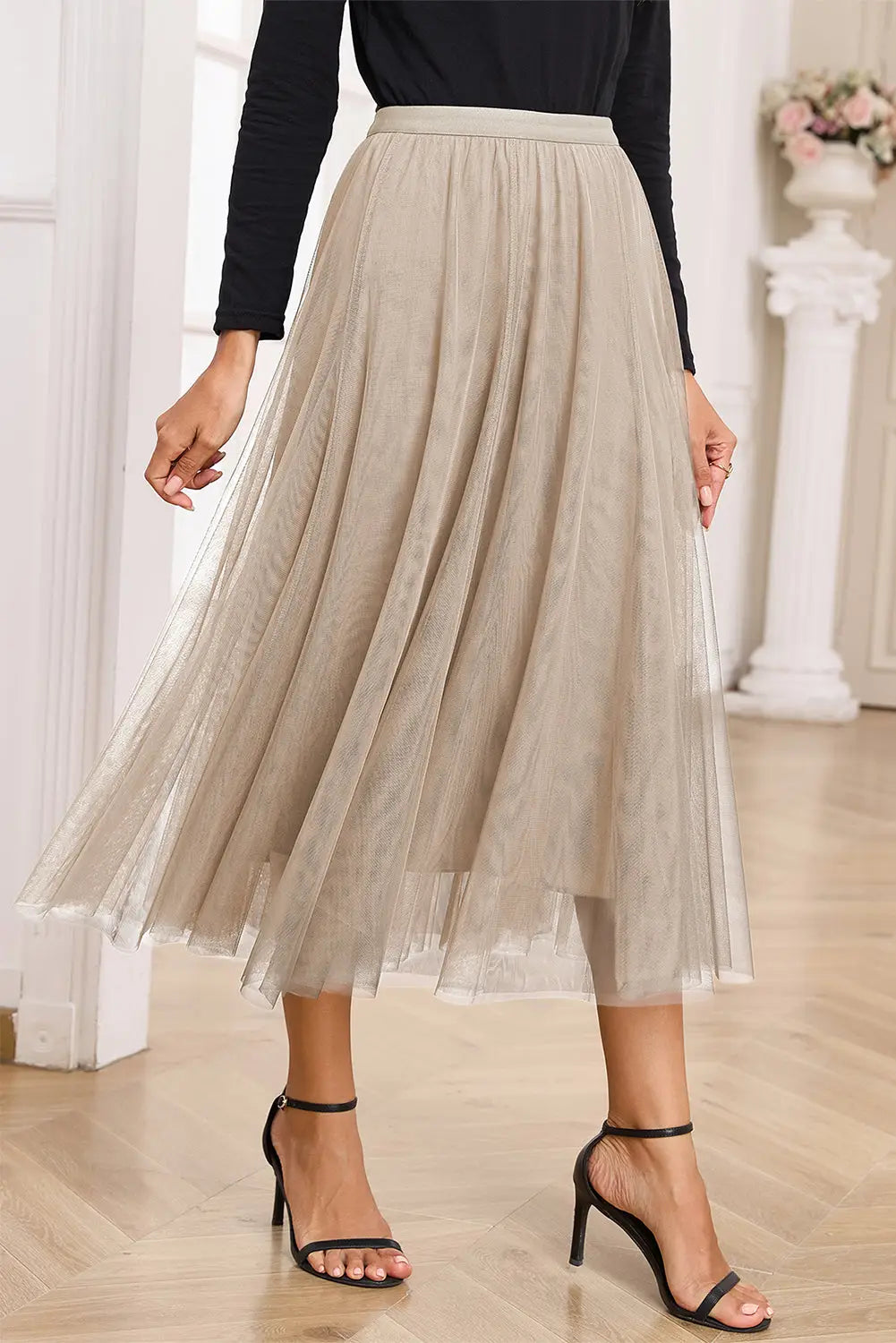 Tulle midi skirt flared layered high waist women uk | fashionfitz
