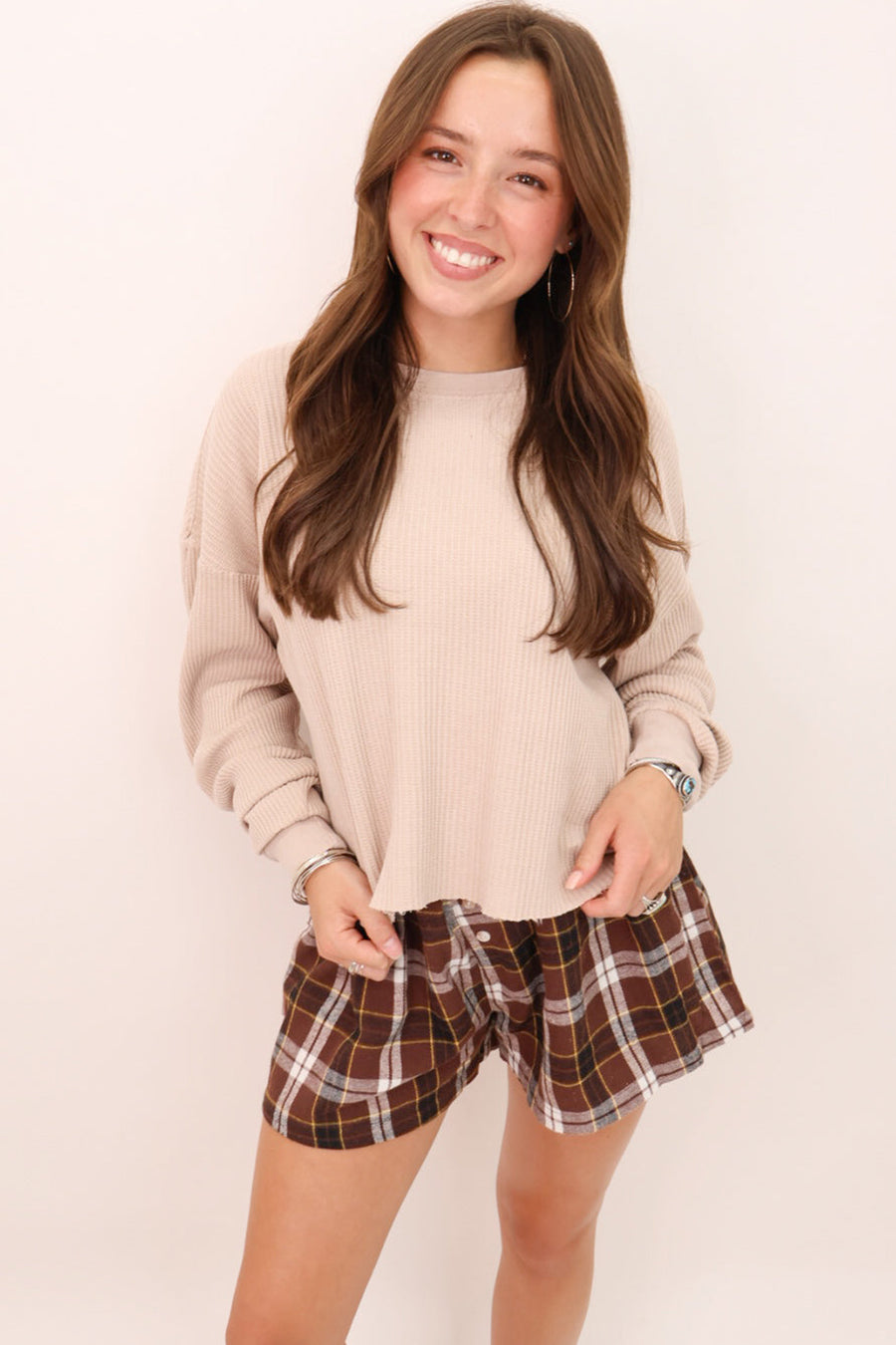Plaid Button Front Elastic Waist Shorts
