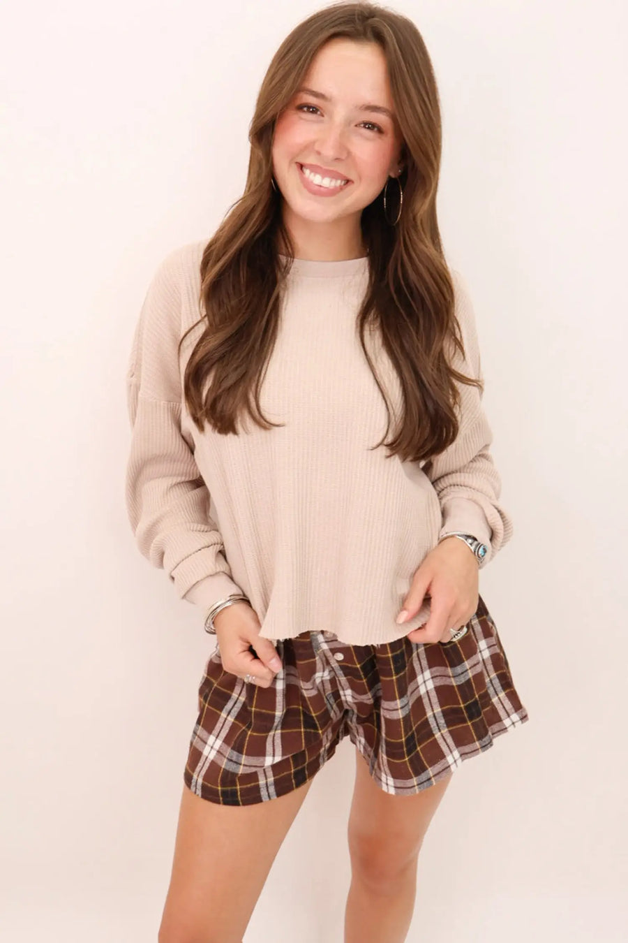Plaid Button Front Elastic Waist Shorts