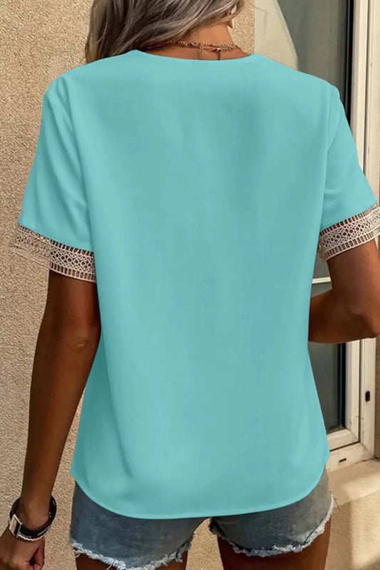 Women’s lace trim v-neck short sleeve blouse | fashionfitz