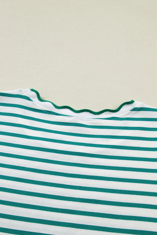 Scalloped Trim Stripe Cotton T-Shirt Round Neck Short Sleeve