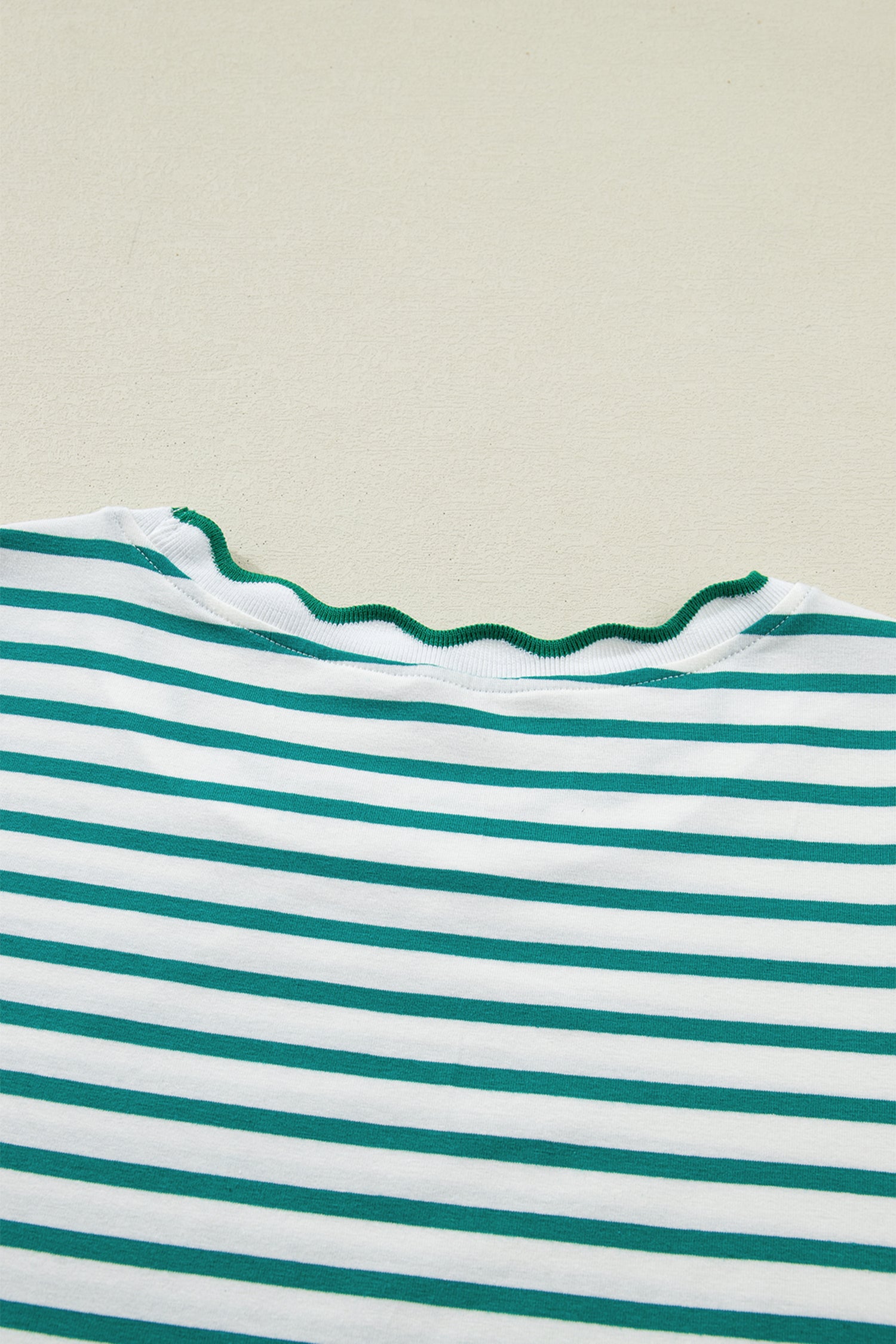 Scalloped Trim Stripe Cotton T-Shirt Round Neck Short Sleeve