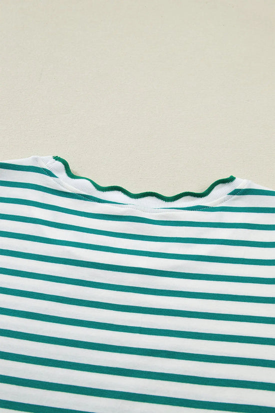 Scalloped trim stripe cotton t-shirt round neck short sleeve t-shirts