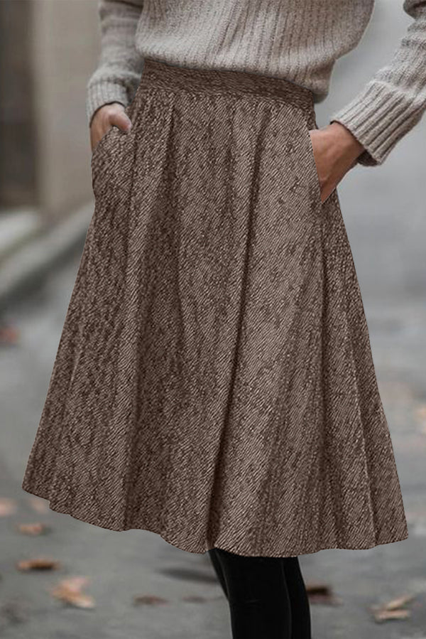 Textured Pleated Elastic Waist A-Line Midi Skirt Women UK