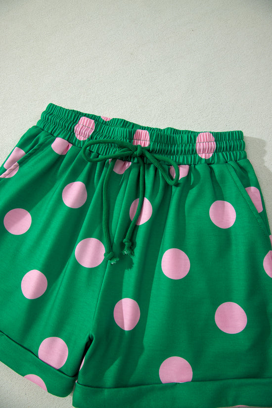 Polka Dot V Neck Short Sleeve Tee High Waist Drawstring Shorts Set