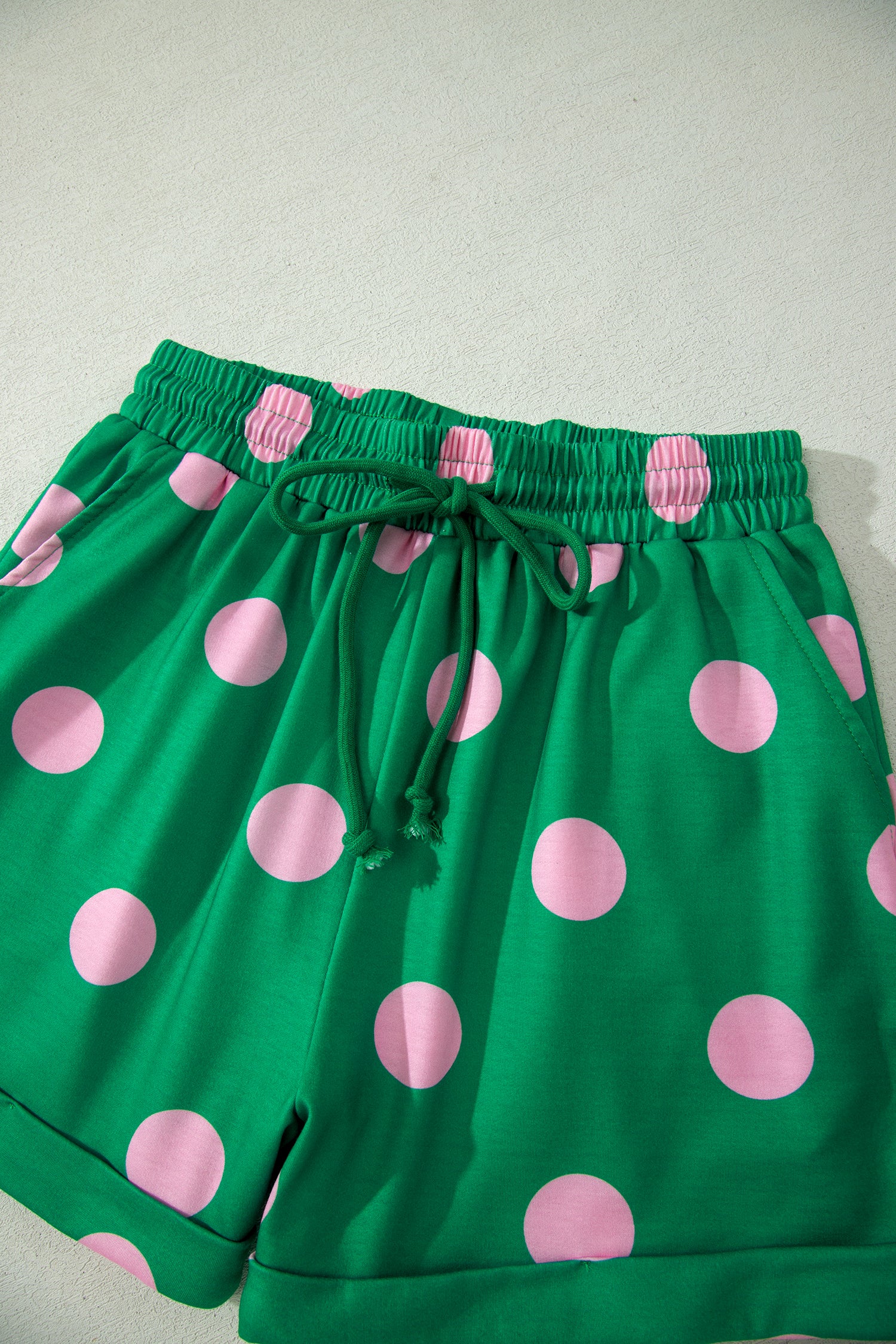 Polka Dot V Neck Short Sleeve Tee High Waist Drawstring Shorts Set