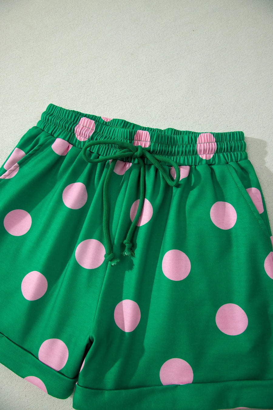 Polka Dot V Neck Short Sleeve Tee High Waist Drawstring Shorts Set