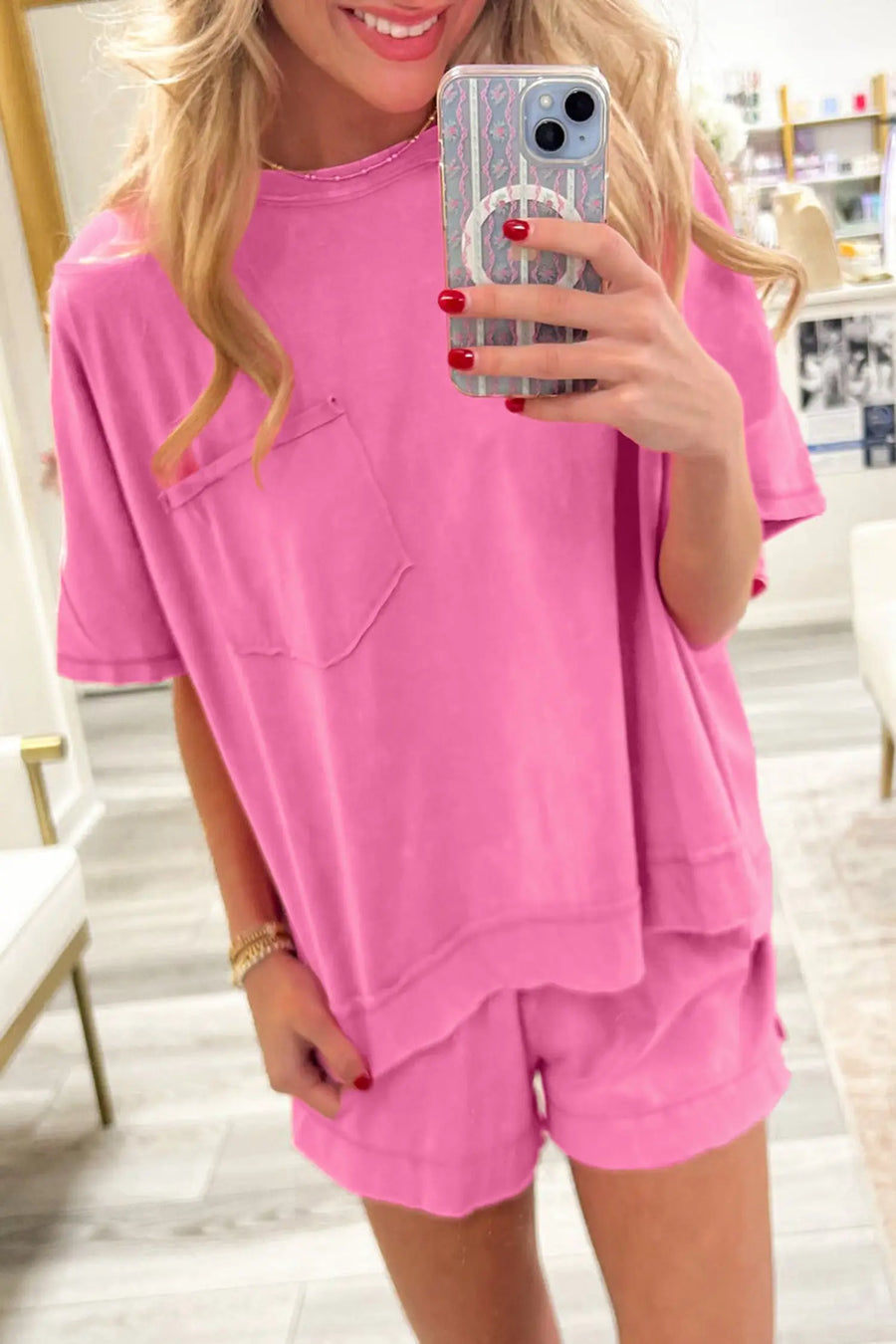 Raw Edge Patch Pocket Oversized Top and Shorts Co-Ord Set Women UK — full length view showing complete matching set silhouette — Fashionfitz