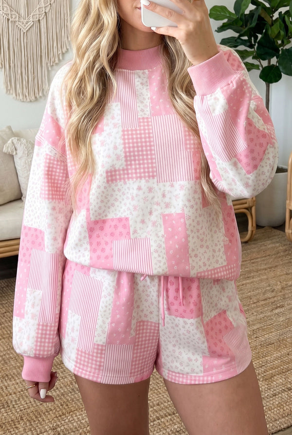 Pink floral patchwork drop shoulder pullover shorts set women UK front view