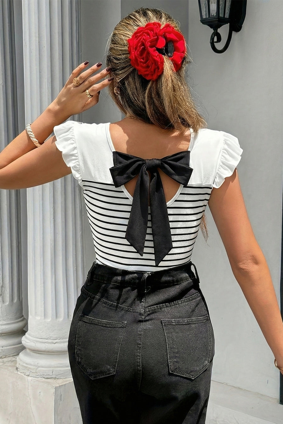 Stripe Contrast Knot Back Ruffle Trim Tank Top Women UK — close-up detail | Fashionfitz UK