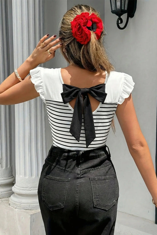 White stripe knot-back ruffle tank top styled with high-waist linen trousers | Fashionfitz UK
