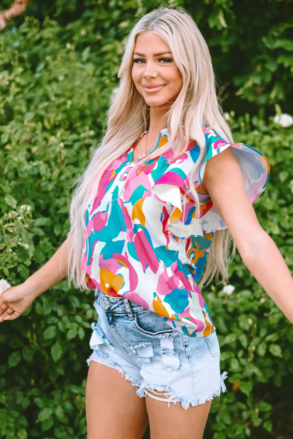 Multi colour flutter sleeve blouse - abstract print notched neck