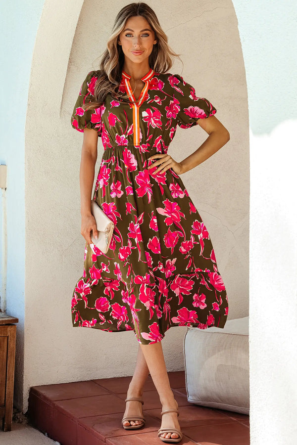 Green Floral Striped Trim Split Neck Puff Sleeve Maxi Dress Women UK — front view