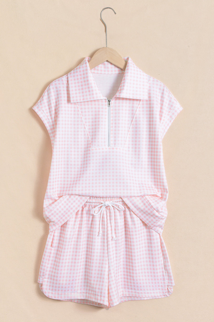 Plaid Zip Neck Sleeveless Top & Shorts Two-Piece Set Women UK