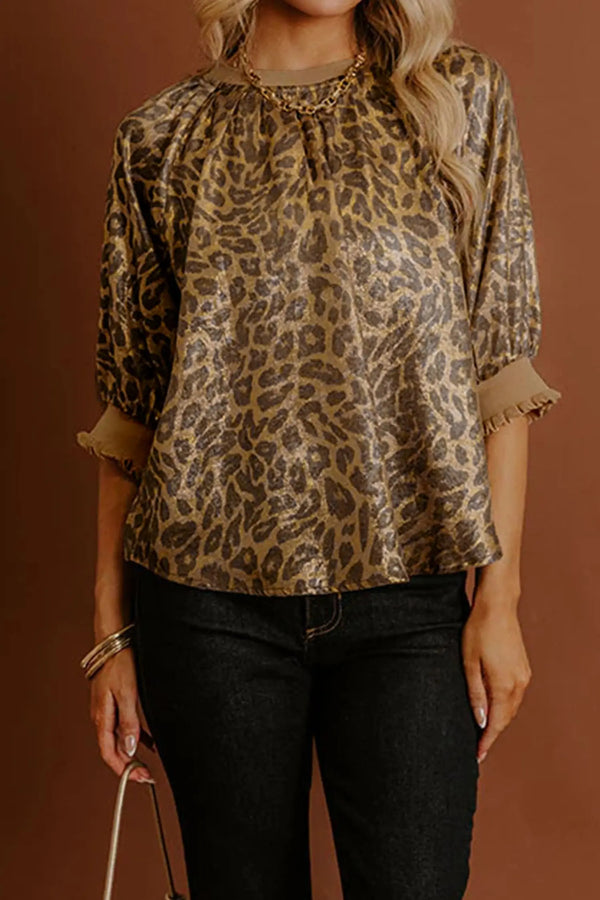 Gold metallic leopard print half sleeve blouse — front view | Fashionfitz UK