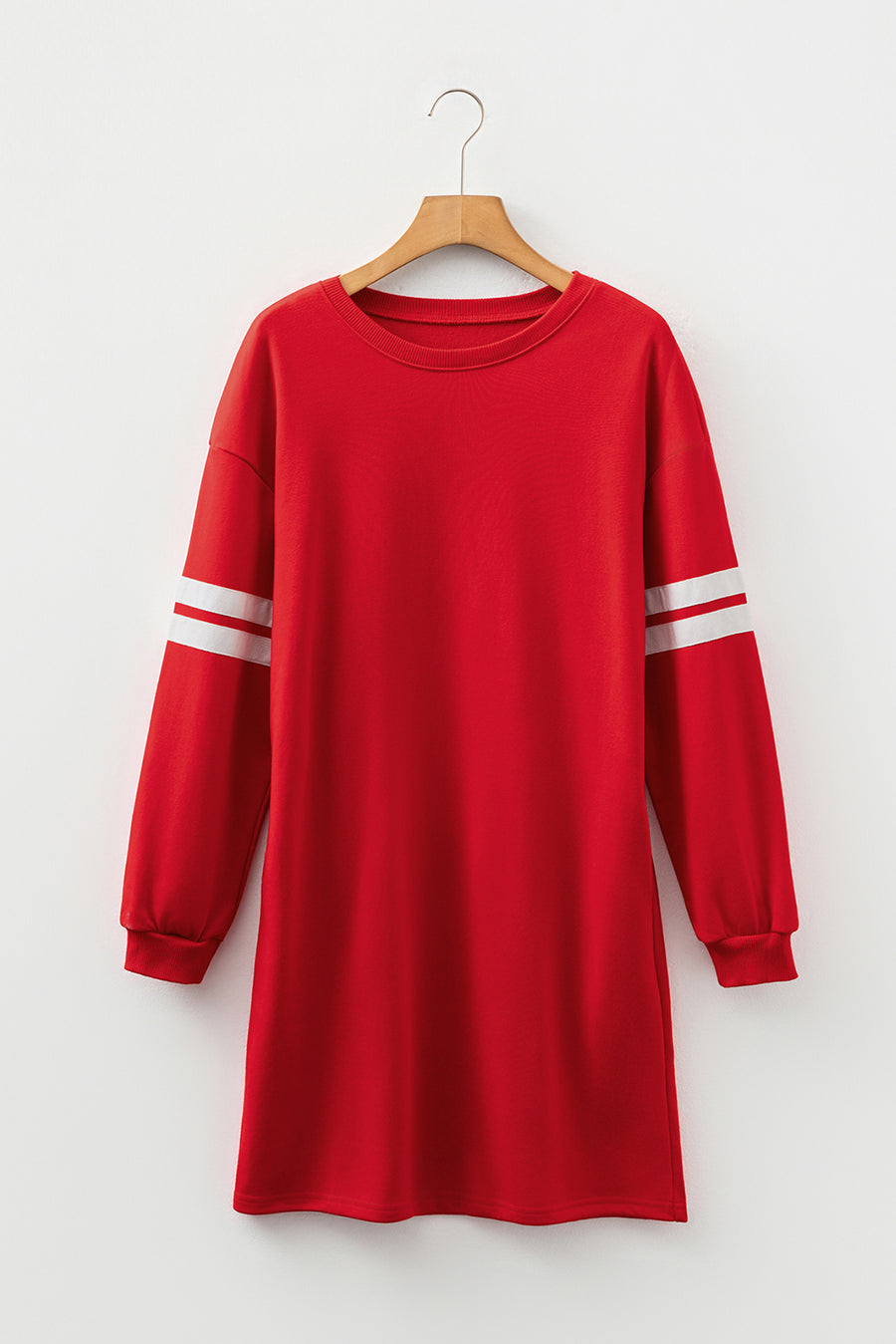 Varsity Contrast Banded Sleeve Sweatshirt Dress Mini Shift with Pockets — fabric texture detail | Fashionfitz UK