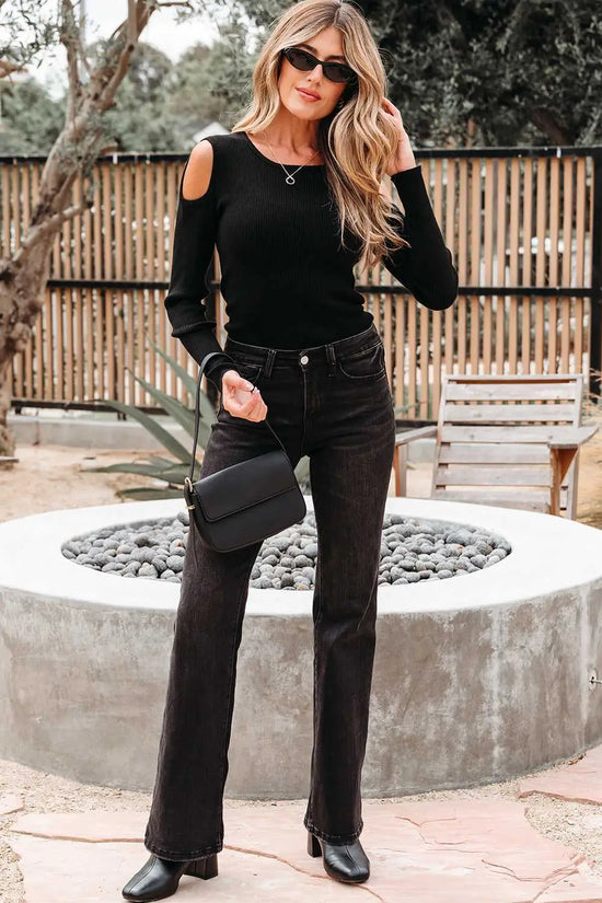 Black cold shoulder sweater - ribbed knit long sleeve top sweaters