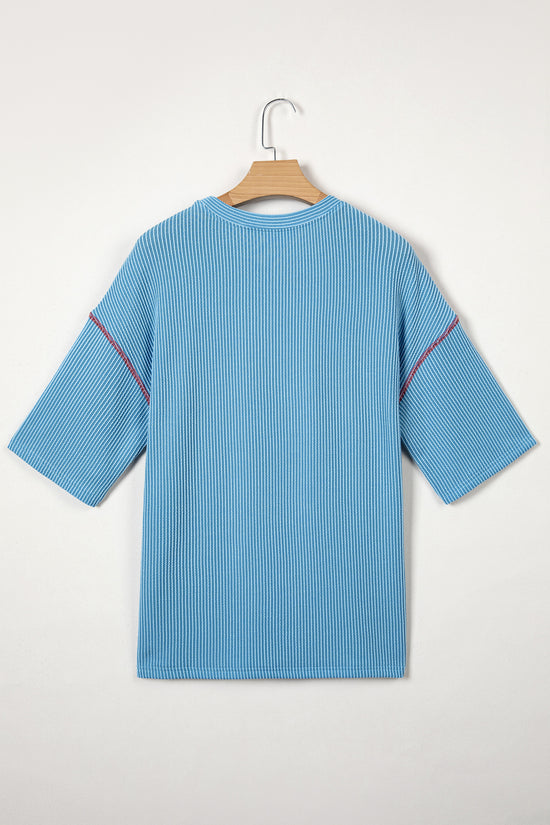 USA Graphic Ribbed Half Sleeve Loose Top Round Neck Tunic Length