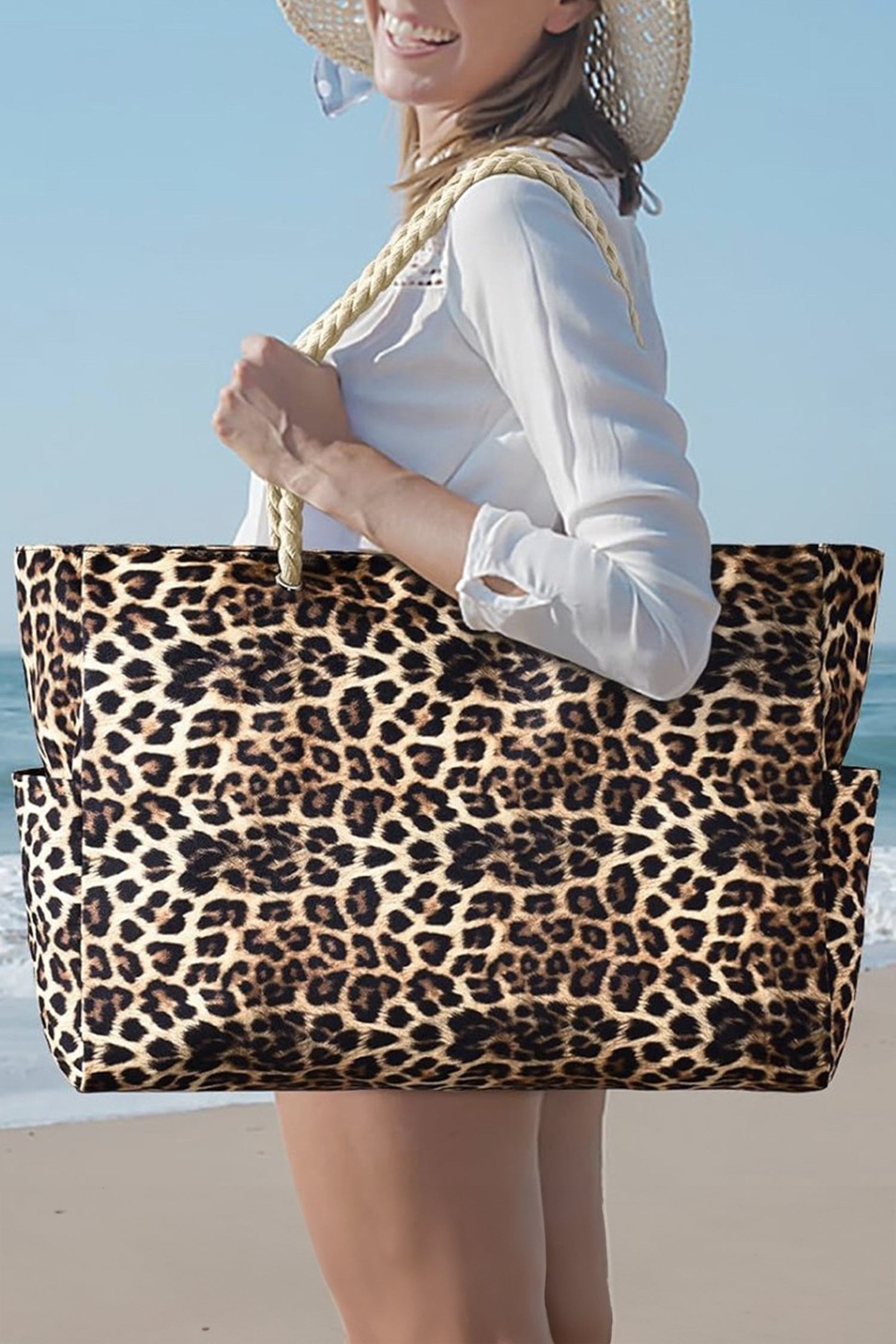 Leopard Print Rope Strap Large Tote Bag Women UK