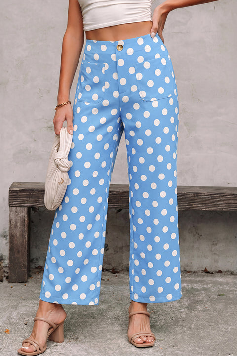 Polka Dot Patched Pocket Elastic Waist Straight Leg Pants