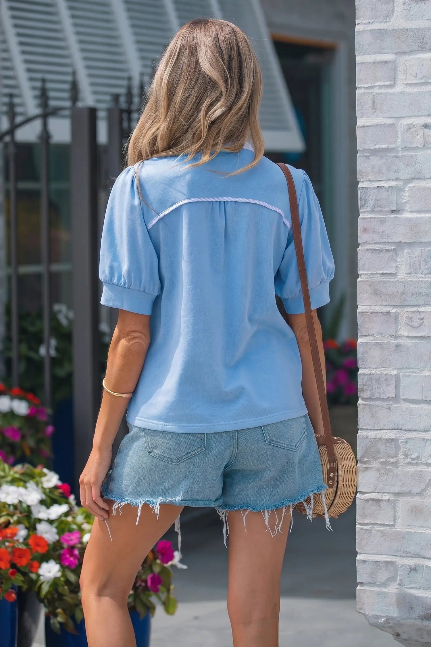 Fiery red striped frilled collar short sleeve blouse