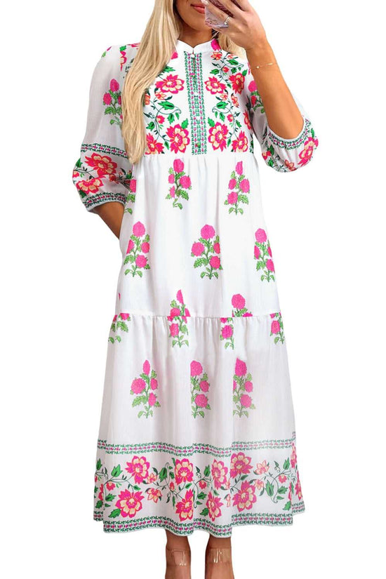 Model wearing White Floral Mandarin Maxi Dress styled for spring with pink floral prints and relaxed H-line silhouette.