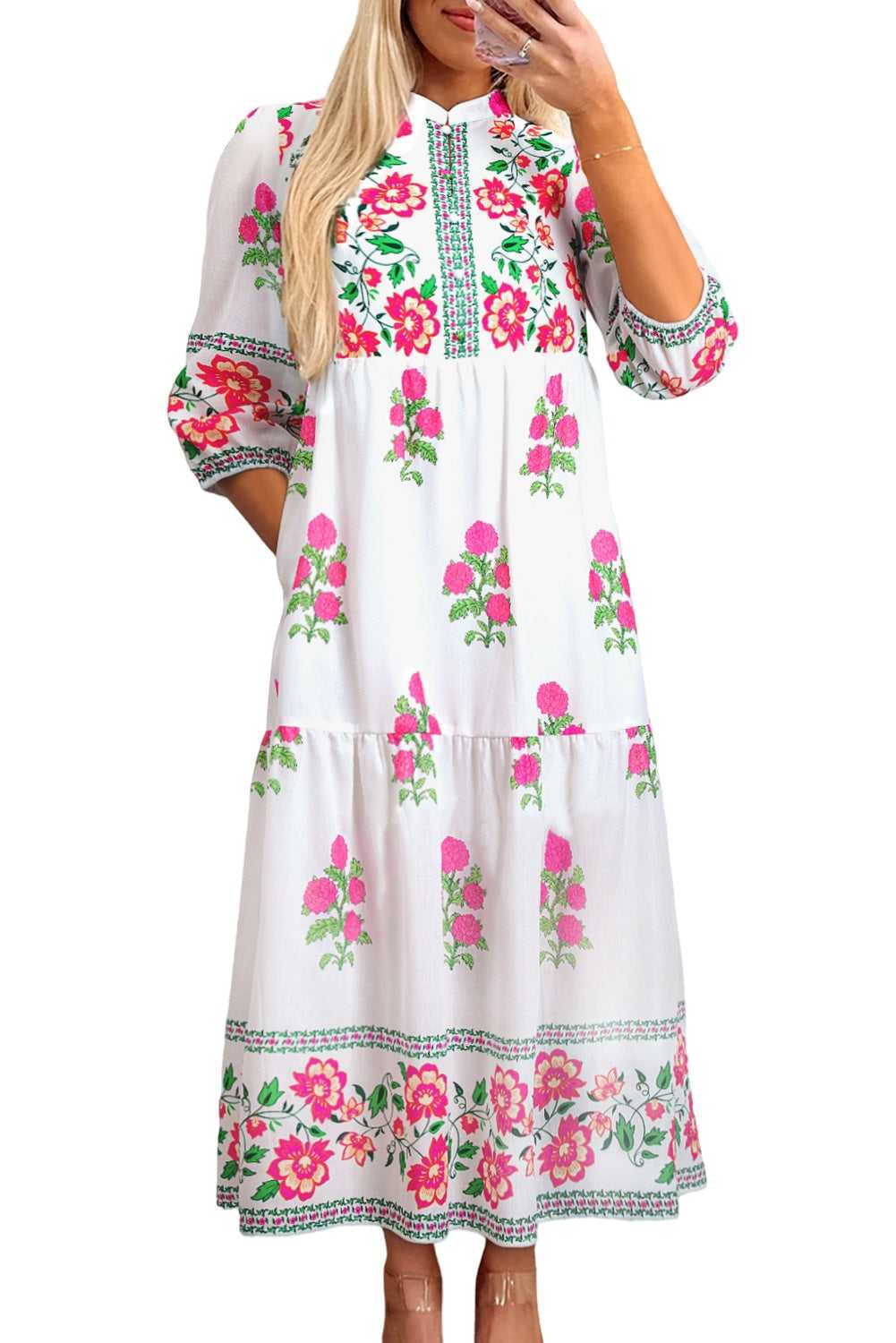 Model wearing White Floral Mandarin Maxi Dress styled for spring with pink floral prints and relaxed H-line silhouette.