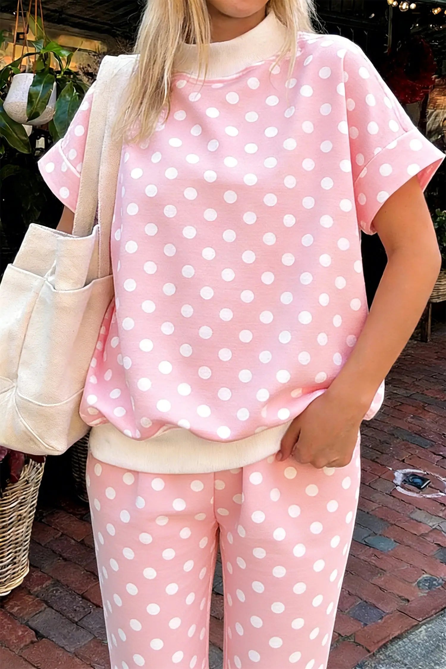 Pink polka dot print mock neck short sleeve top shift pant set