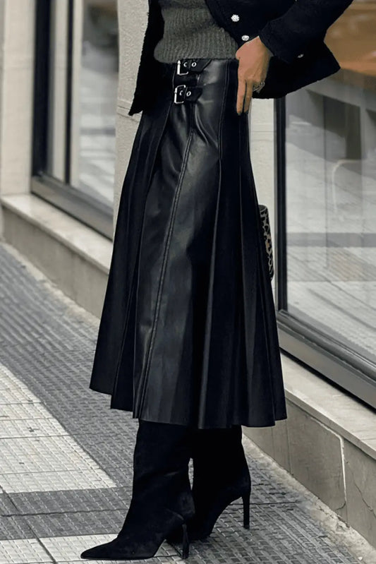 Black Faux Leather Pleated Flared Skirt | FashionFitz side view highlighting the flared silhouette and structured pleats for a modern fall look.
