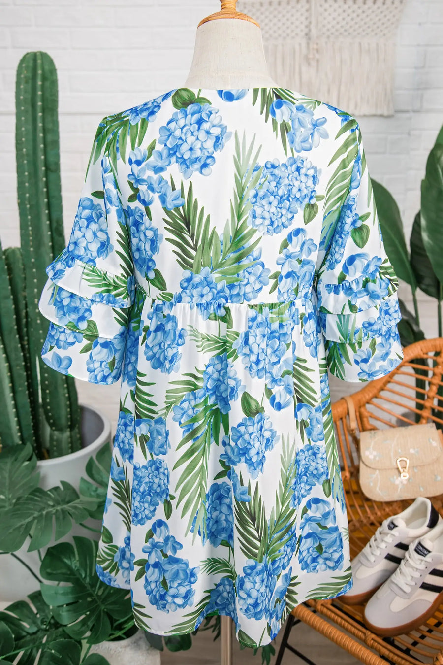 Sky Blue Palm Floral Contrast Ribbon Knot Ruffle Mini Dress Women UK