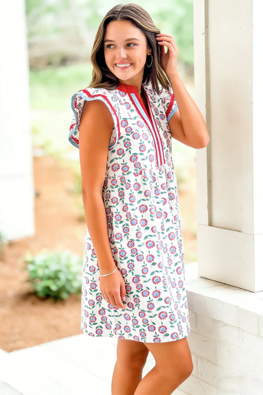 Sky Blue Floral Contrast Trim Flutter Sleeve Mini Dress Women UK