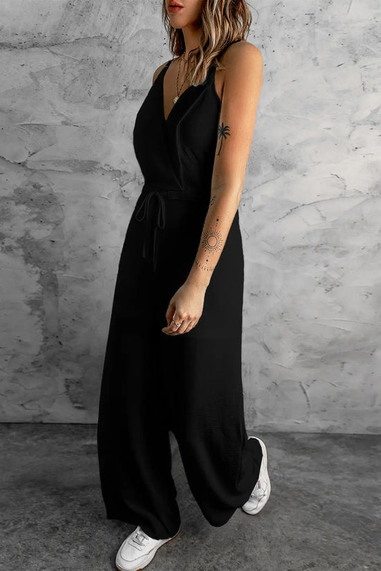 Black solid spaghetti strap wide leg high waist