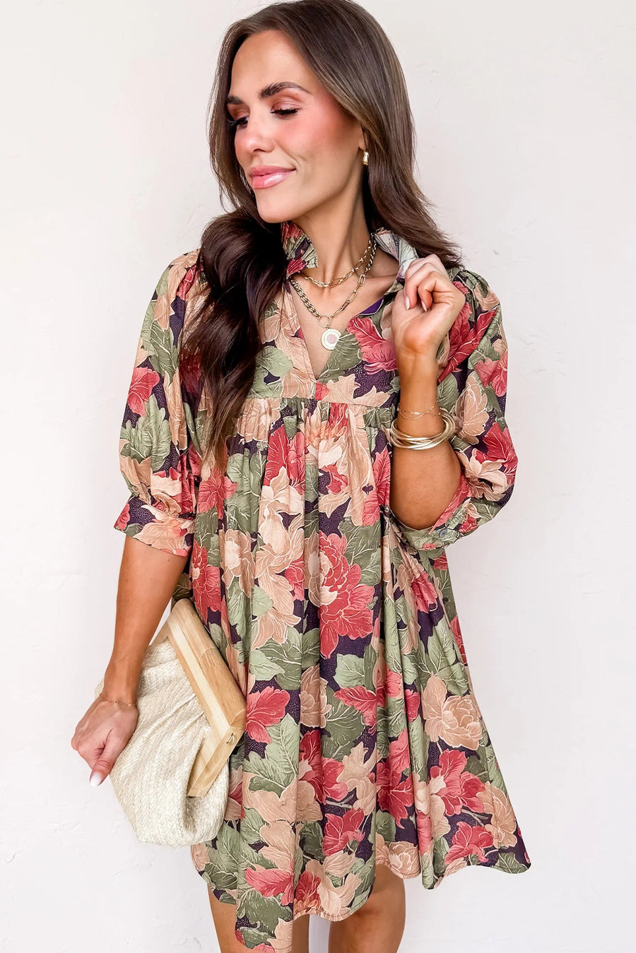 Green Floral Frilled Collar V Neck Half Sleeve Mini Dress Women UK — full length
