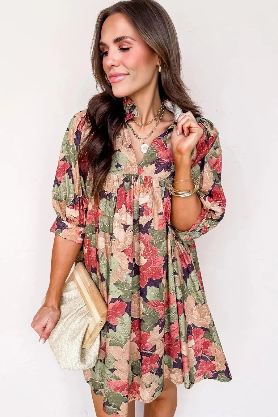 Green Floral Frilled Collar V Neck Half Sleeve Mini Dress Women UK — full length