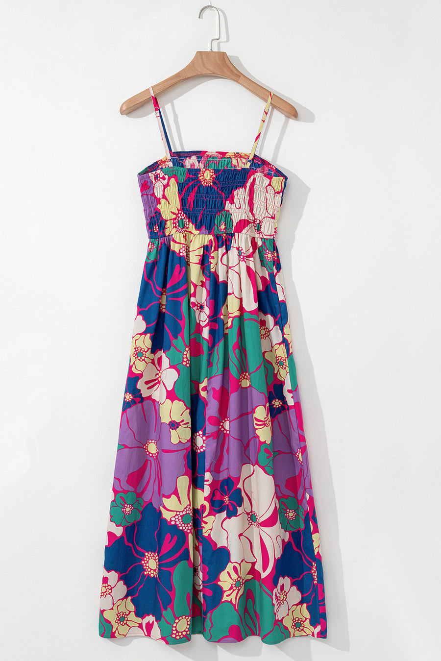 Purple Floral Shirred Spaghetti Strap Loose Maxi Dress Women UK