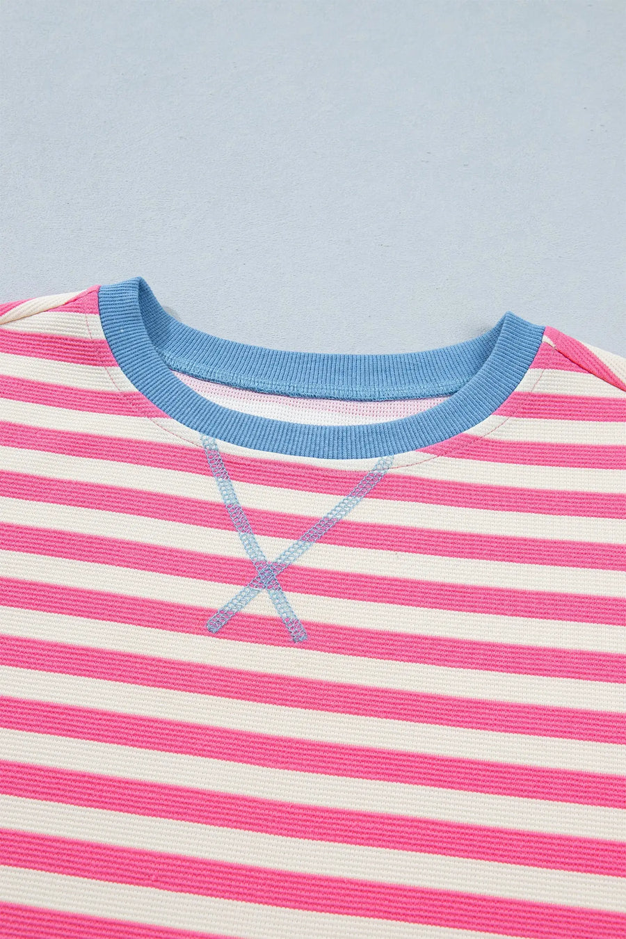 Women's stripe contrast patchwork tee close-up detail