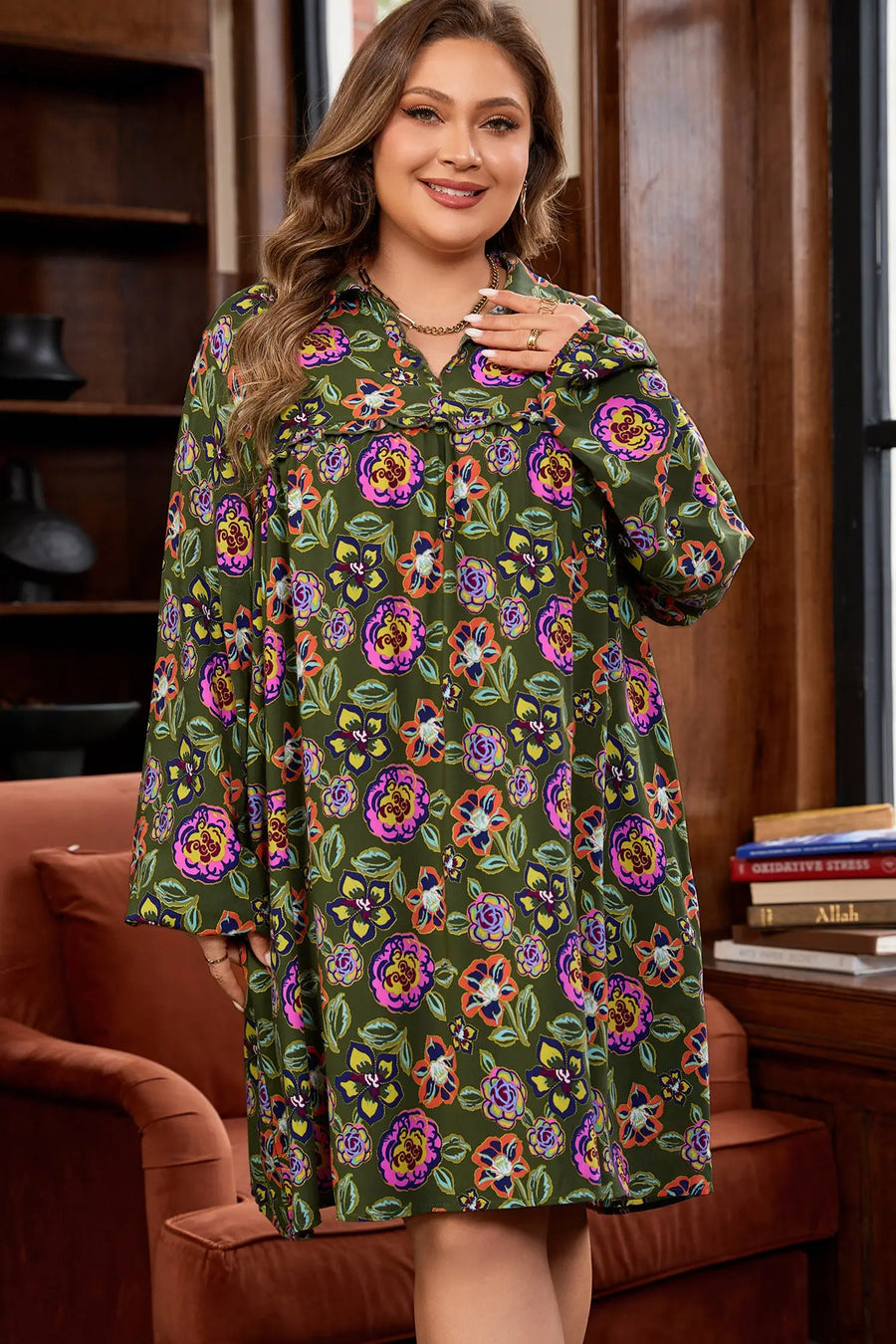 Green Plus Size Floral Collared V Neck Loose Mini Dress Women UK — full length