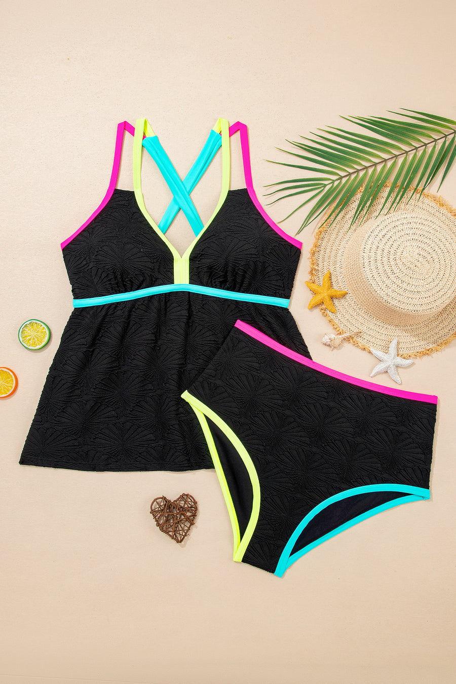 Floral Neon Trim Crisscross Backless Tankini Set Women UK