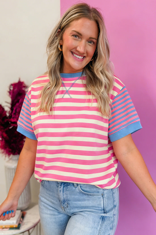 Stripe Contrast Patchwork Short Sleeve Tee Women UK