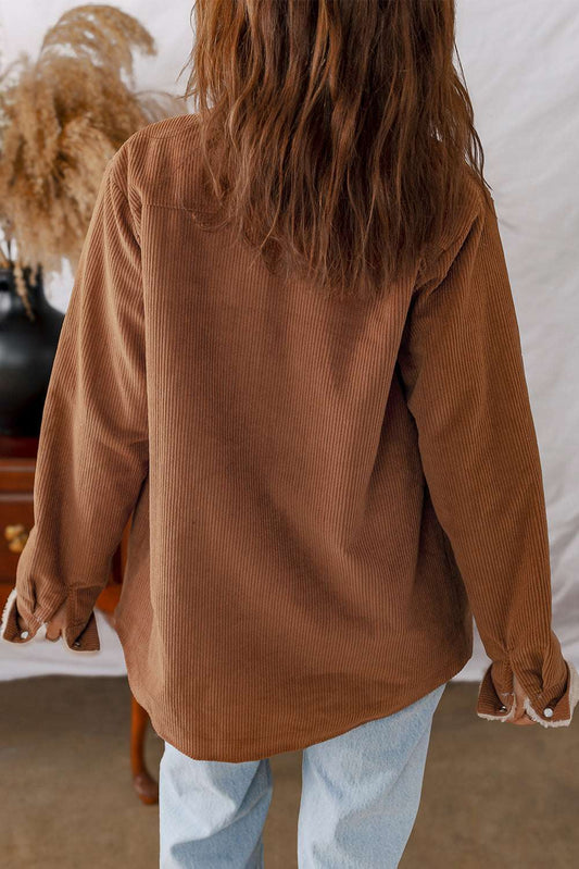 Back view of Fleece Lined Corduroy Jacket in solid brown, showcasing relaxed fit and soft corduroy texture.