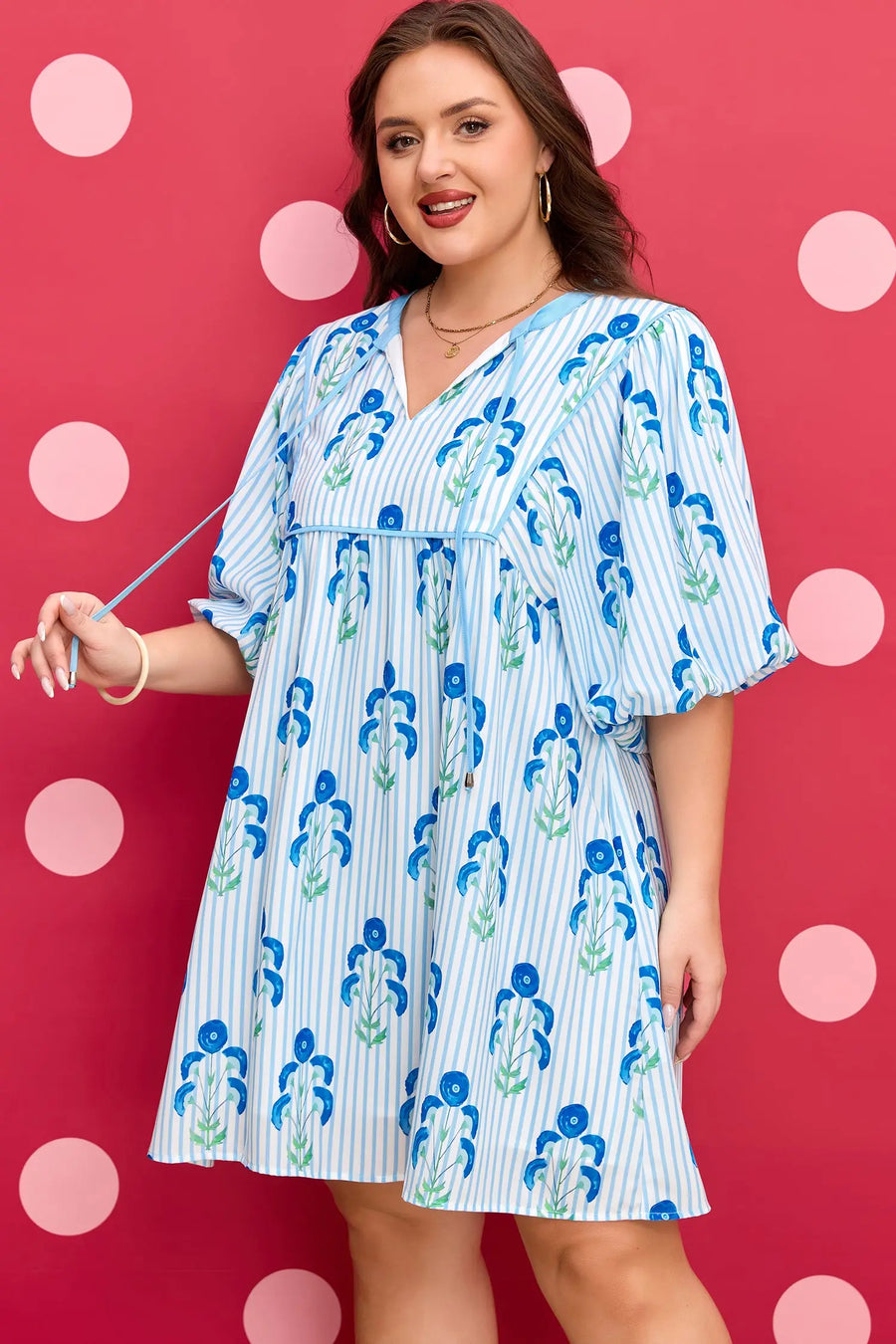 Sky Blue Plus Size Floral Striped Bubble Short Sleeve Dress Women UK — side view