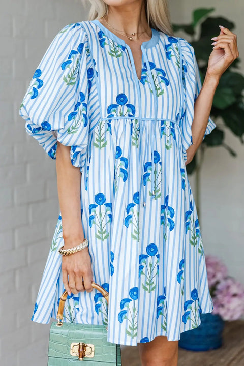 Sky Blue Floral Tie Notched Neck Puff Sleeve Mini Dress Women UK — front view