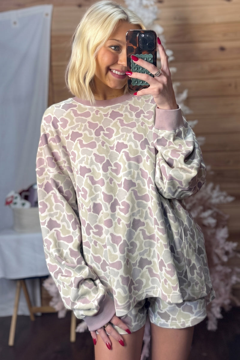 Camo Waffle Knit Long Sleeve Top Shorts Set Women UK