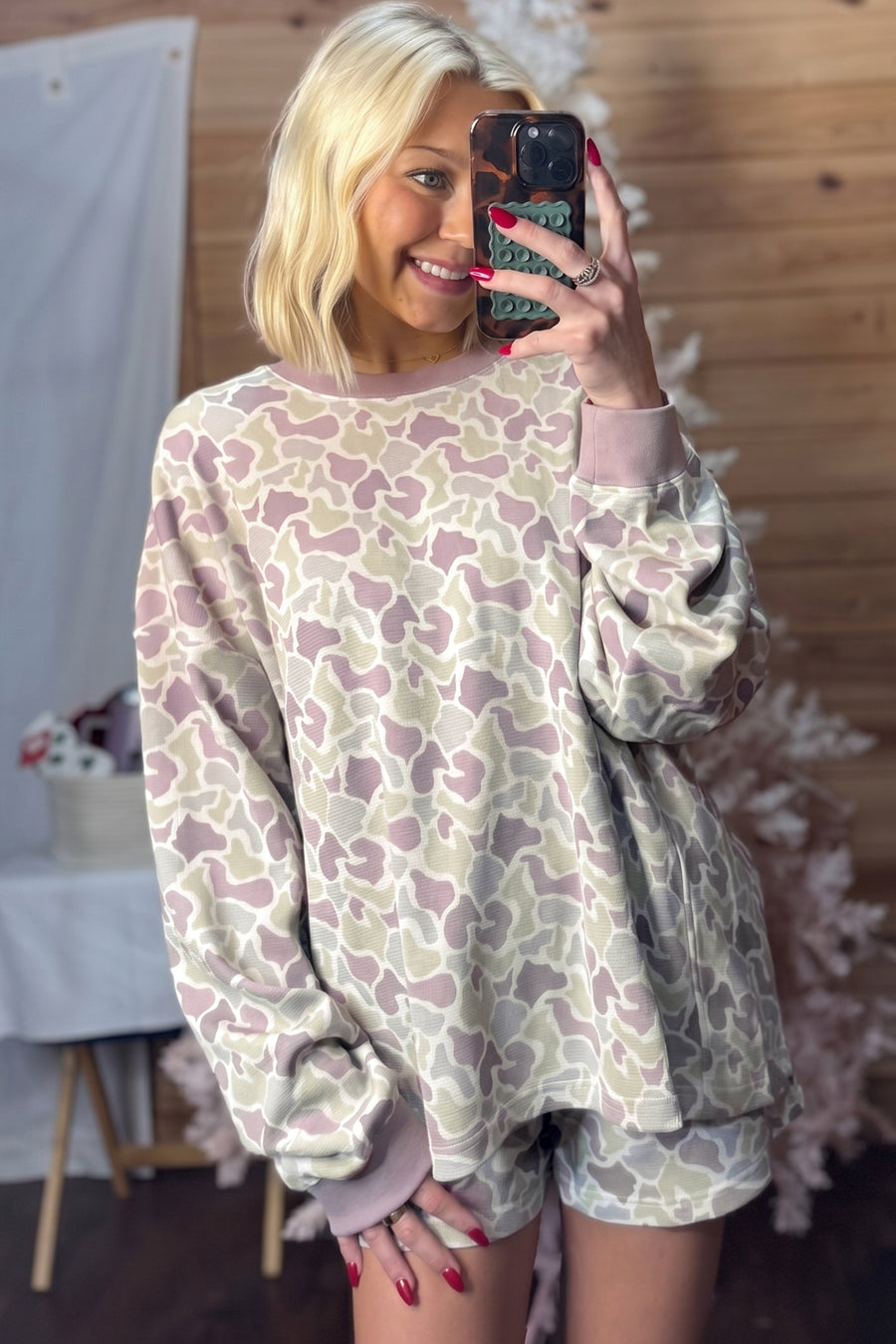 Camo Waffle Knit Long Sleeve Top Shorts Set Women UK
