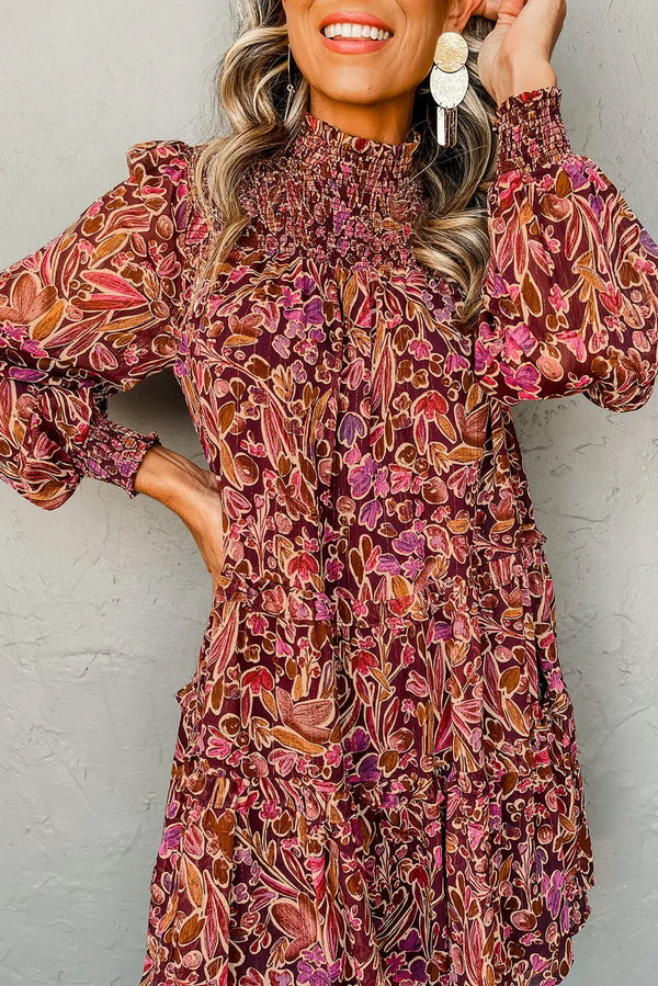 Red Floral Long Sleeve Shirred High Neck Mini Dress Women UK — front view
